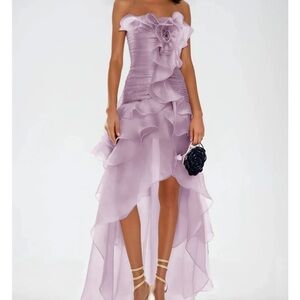 Strapless Lavender High-Low Ruffle Evening Dress